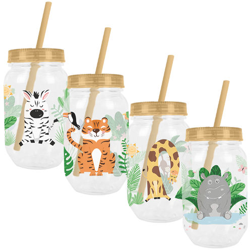 KIDS PRINTED MASON JAR WITH STRAW